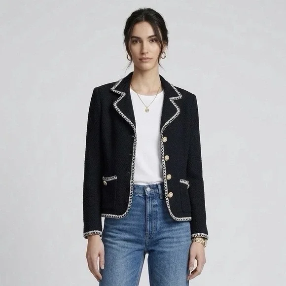 Vintage St John Couture Santana Knit Jacket M Black Ivory Trim Button Blazer - Picture 1 of 12